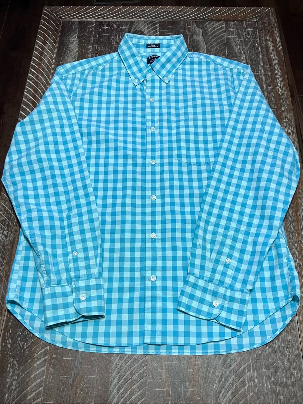 J Crew Men’s Long Sleeve Gingham Slim Untucked Flex Washed Shirt Turquoise Sz L